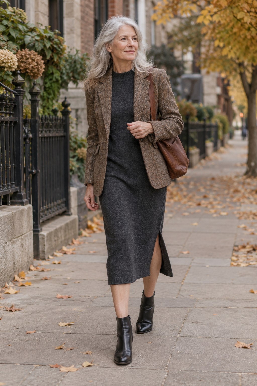 Charcoal sweater dress with a brown tweed blazer, ankle boots and a book bag.