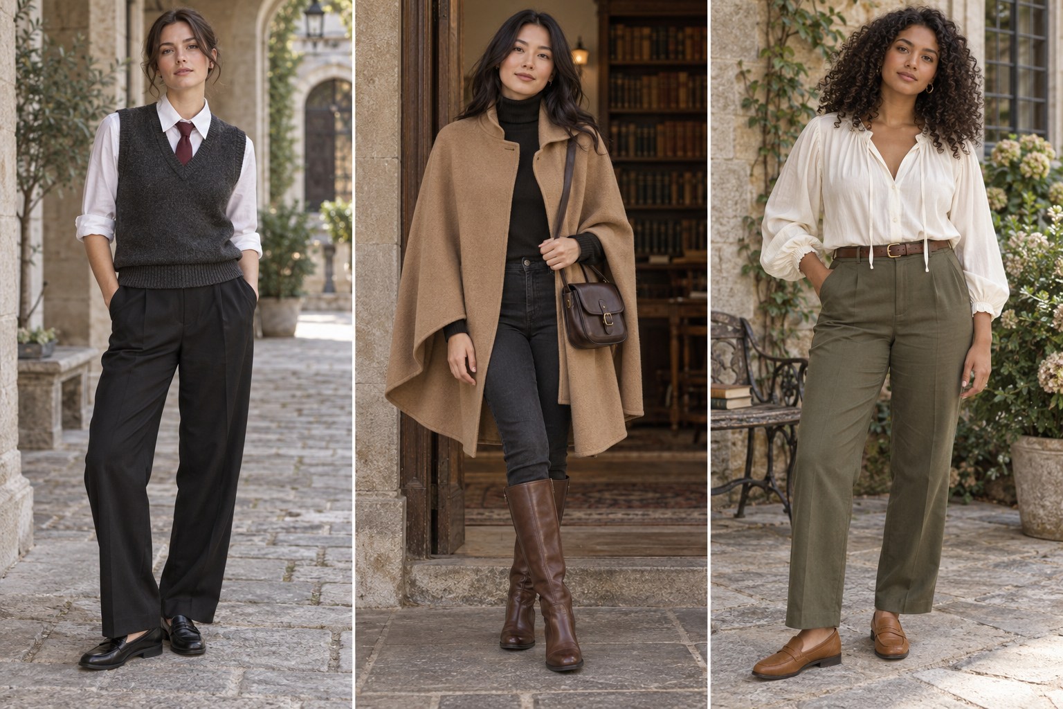 Literary outfits featuring a sweater vest and tie, a camel cape with tall boots, and a cream poet blouse.