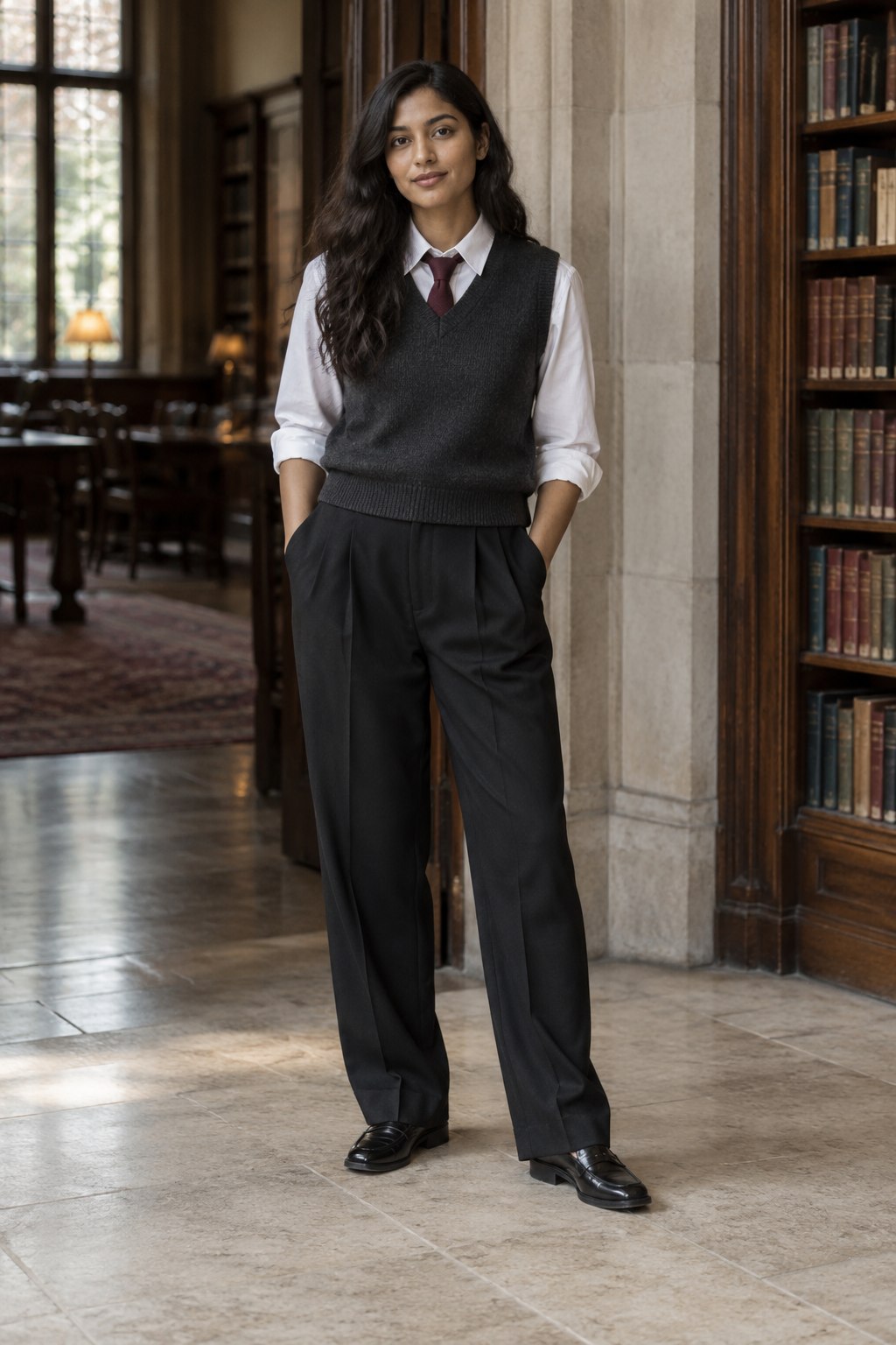 Charcoal sweater vest over a white shirt with a burgundy tie and black trousers.