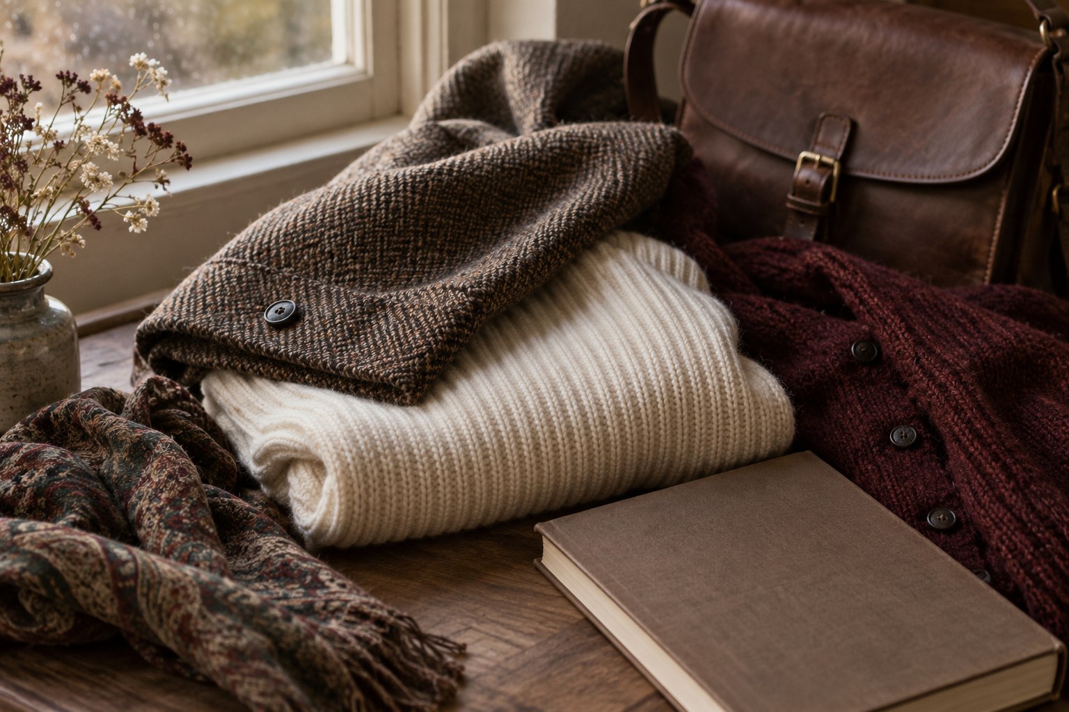 Cream knit, brown tweed, burgundy cardigan and leather satchel details.