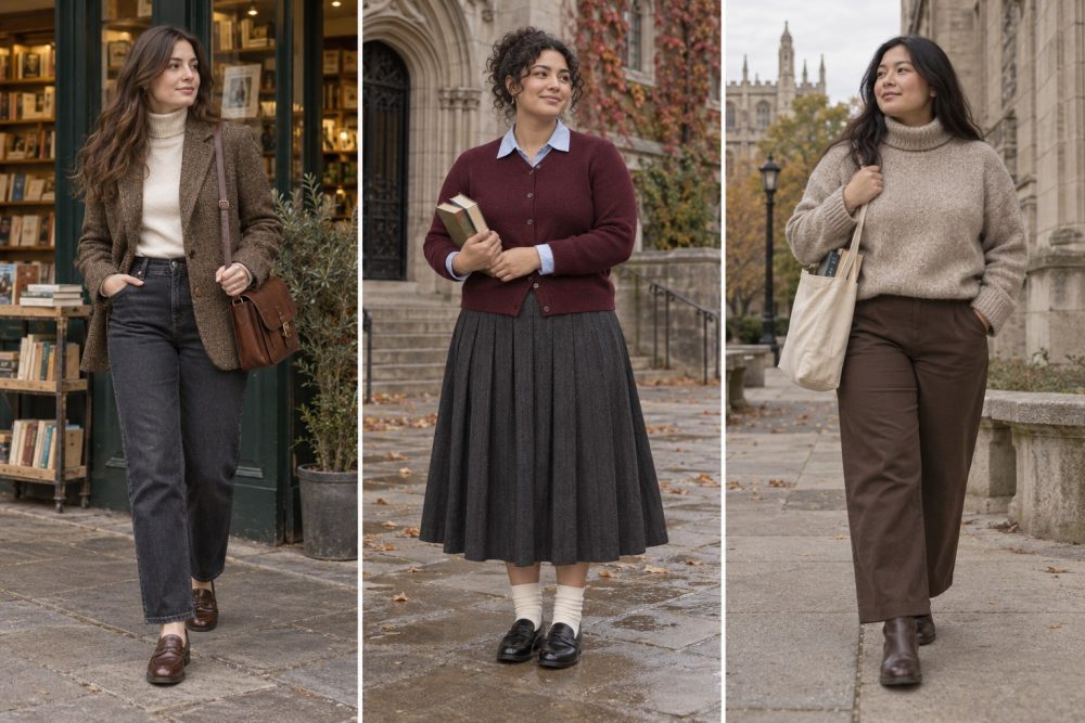 Poetcore outfits with a tweed blazer and jeans, a burgundy cardigan and pleated skirt, and an oatmeal turtleneck.
