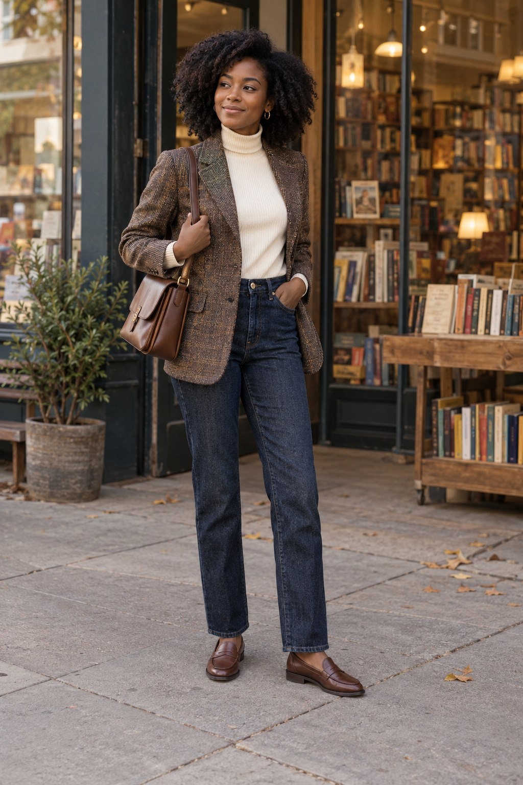 Brown tweed blazer with an ivory turtleneck, dark jeans and a leather satchel.