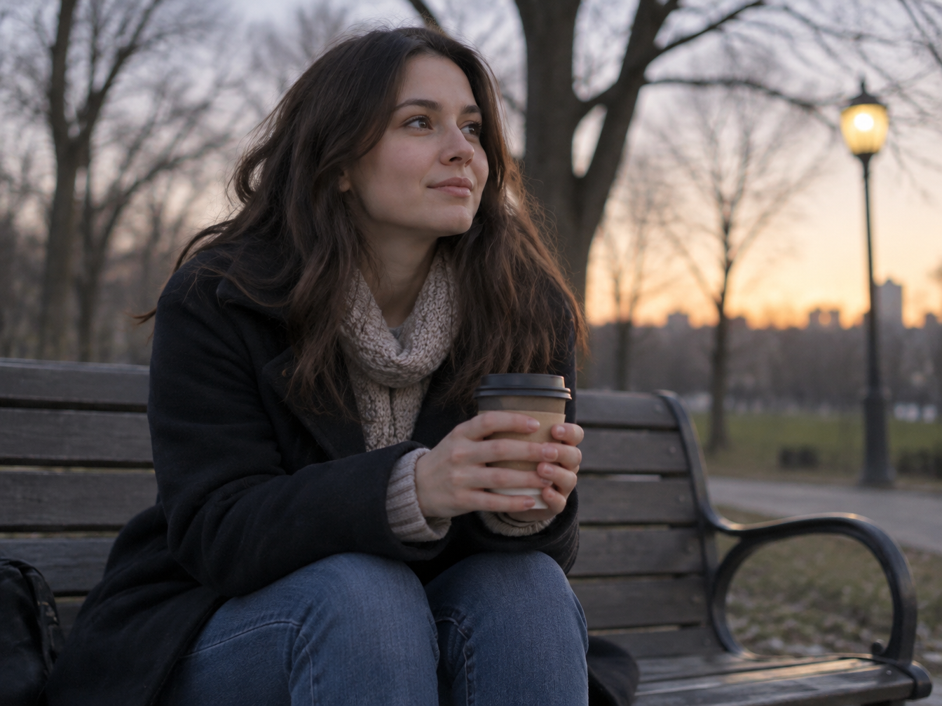 Young woman in a warm coat sitting on a park bench at dusk holding a coffee cup