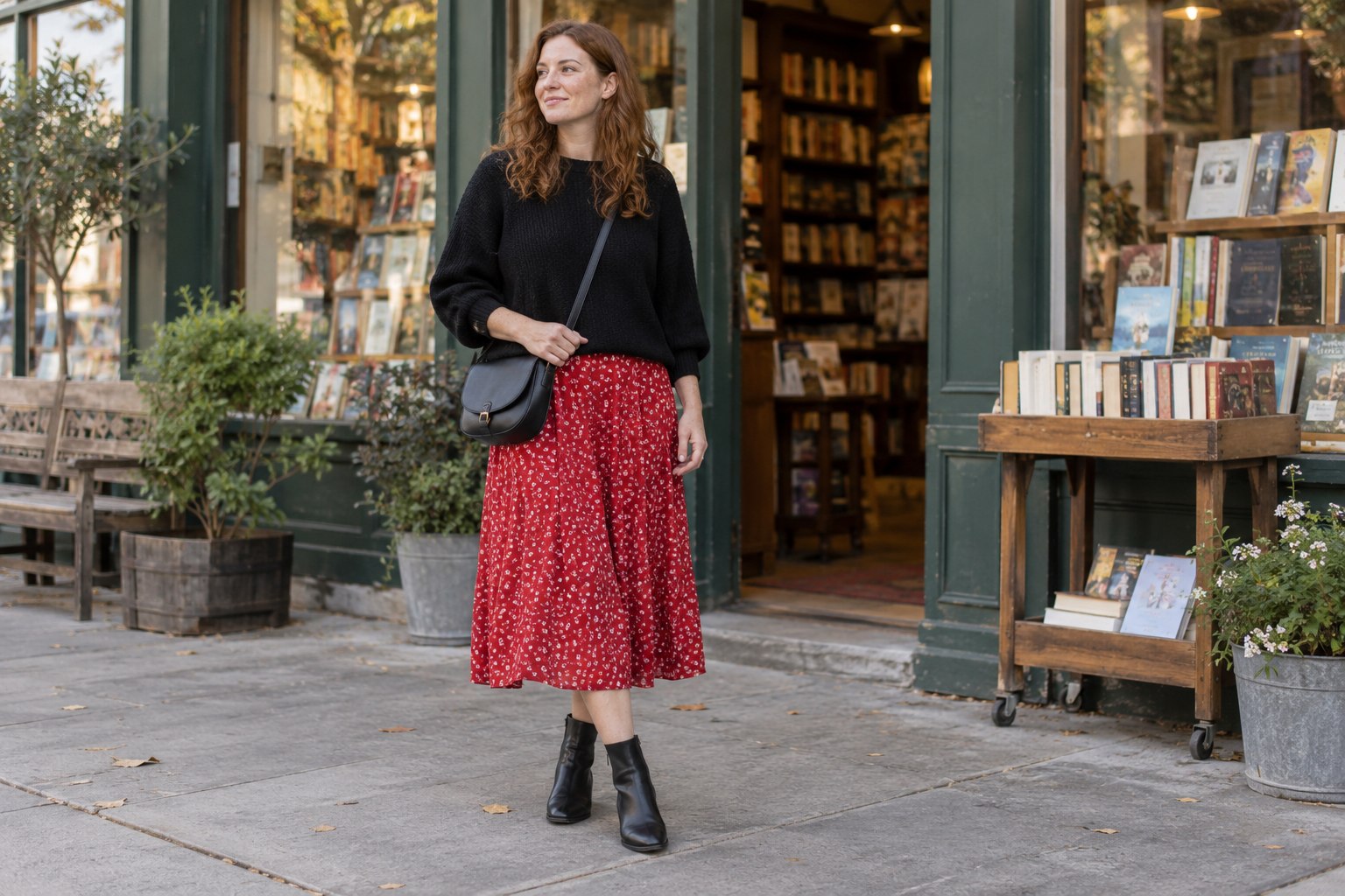 Red midi dress layered under a black sweater with black ankle boots.