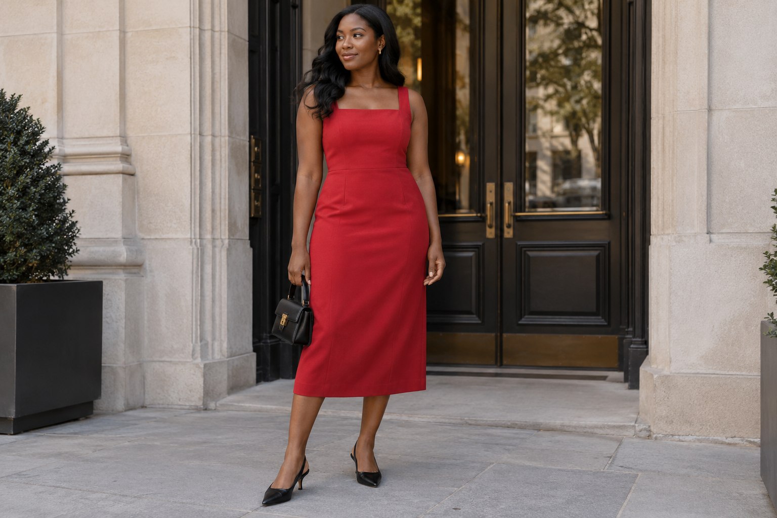 Red tailored midi dress with black slingbacks and a compact black bag.