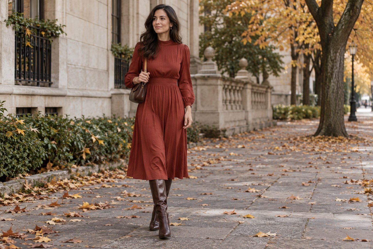 Rust red long-sleeve dress with dark brown knee-high boots.