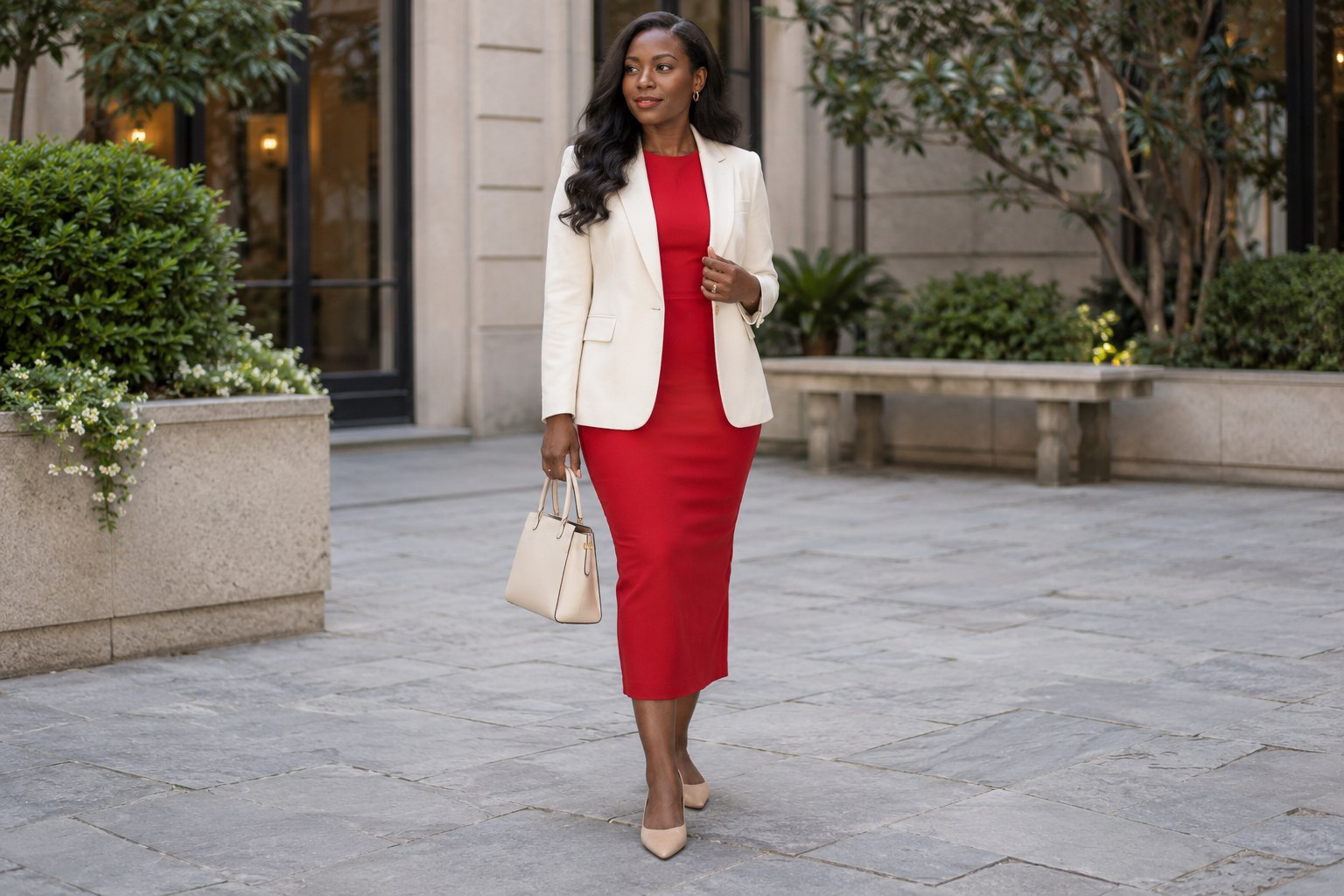 Red column midi dress with a cream blazer and beige flats.