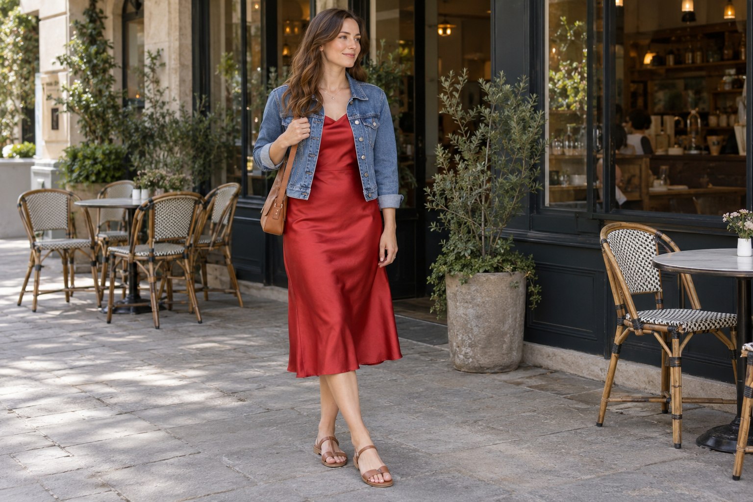 Red slip-style midi dress with a denim jacket and flat sandals.