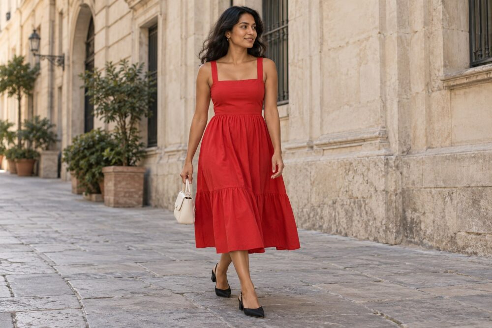 Woman wearing a red midi dress with black slingbacks and a small cream bag.
