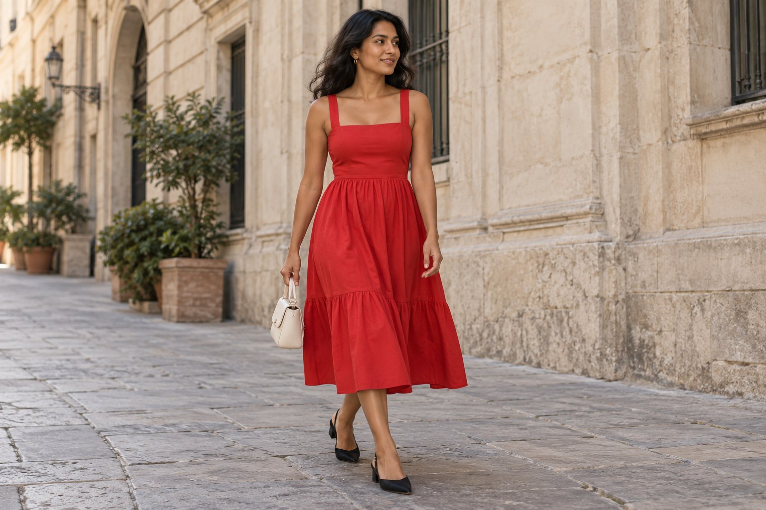 Woman wearing a red midi dress with black slingbacks and a small cream bag.