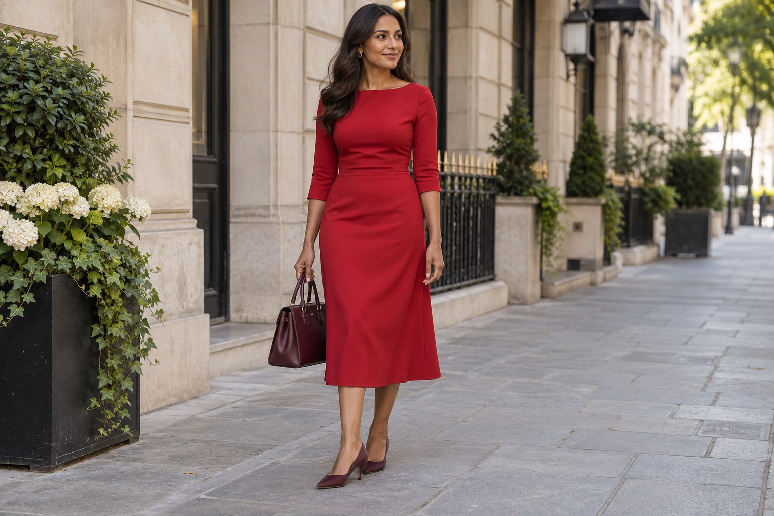 Red midi dress with burgundy shoes and a burgundy bag.