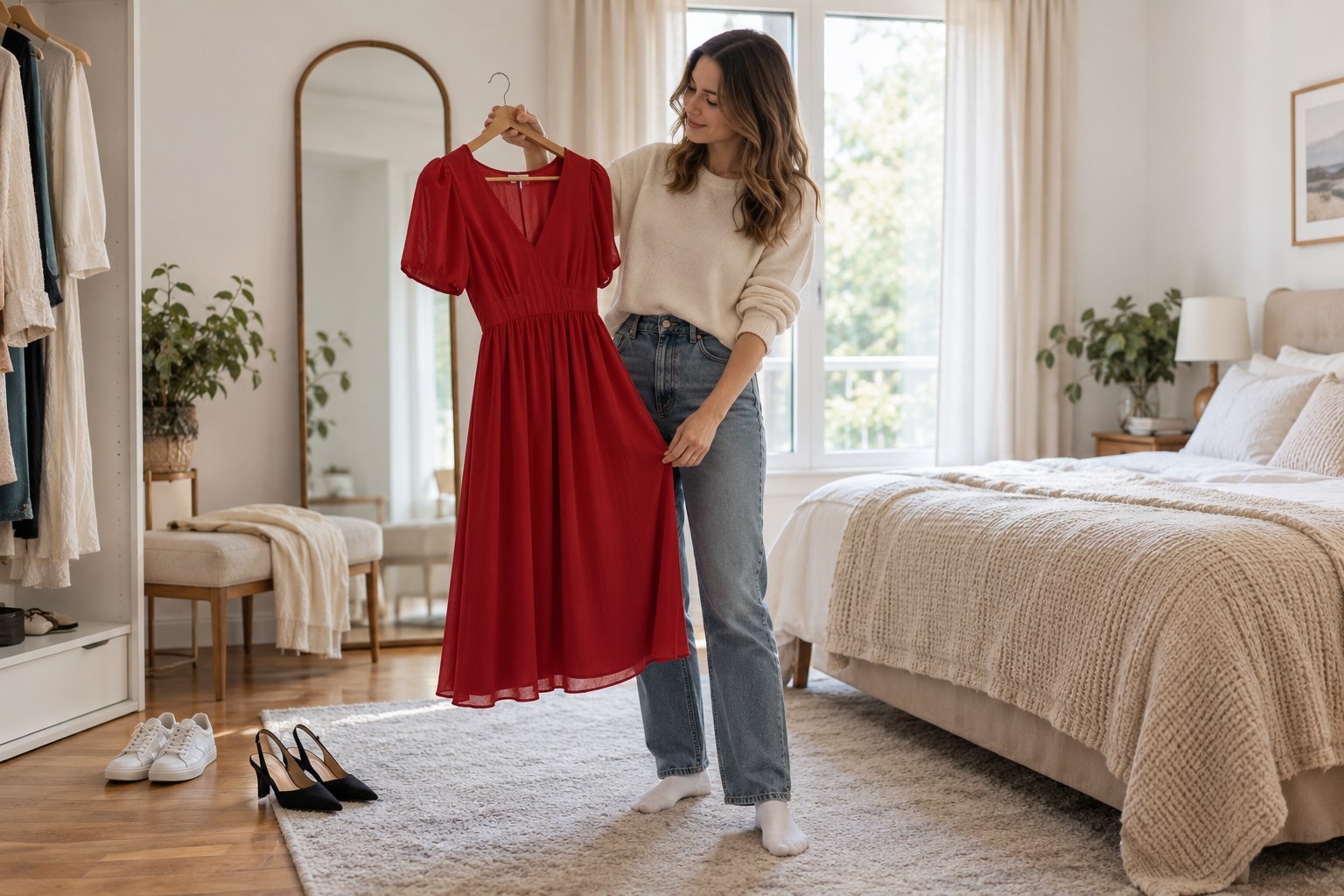 Woman comparing a red dress with flat shoes and dressier shoes.