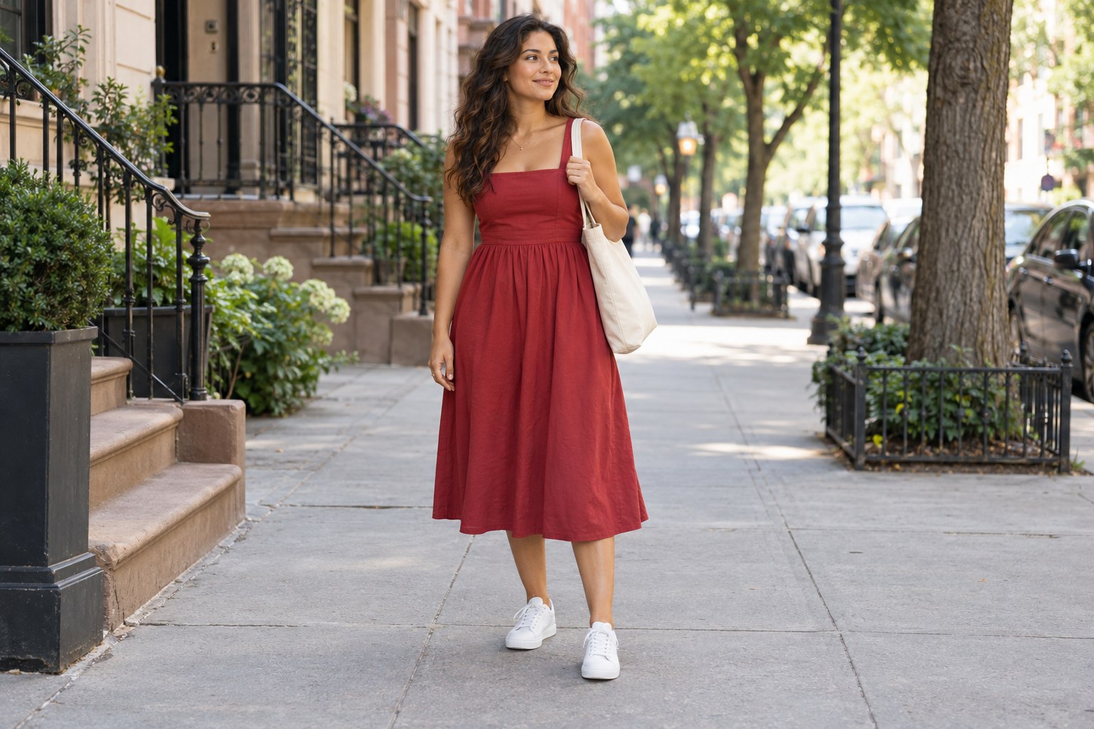Red cotton midi dress with white sneakers and a canvas tote.