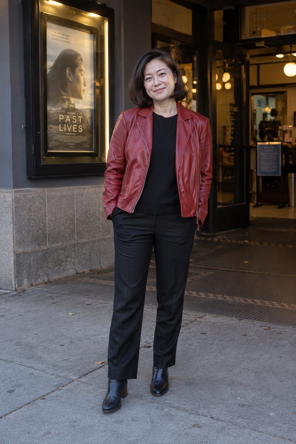 Woman in a red leather jacket with a black knit, black straight trousers and black ankle boots.