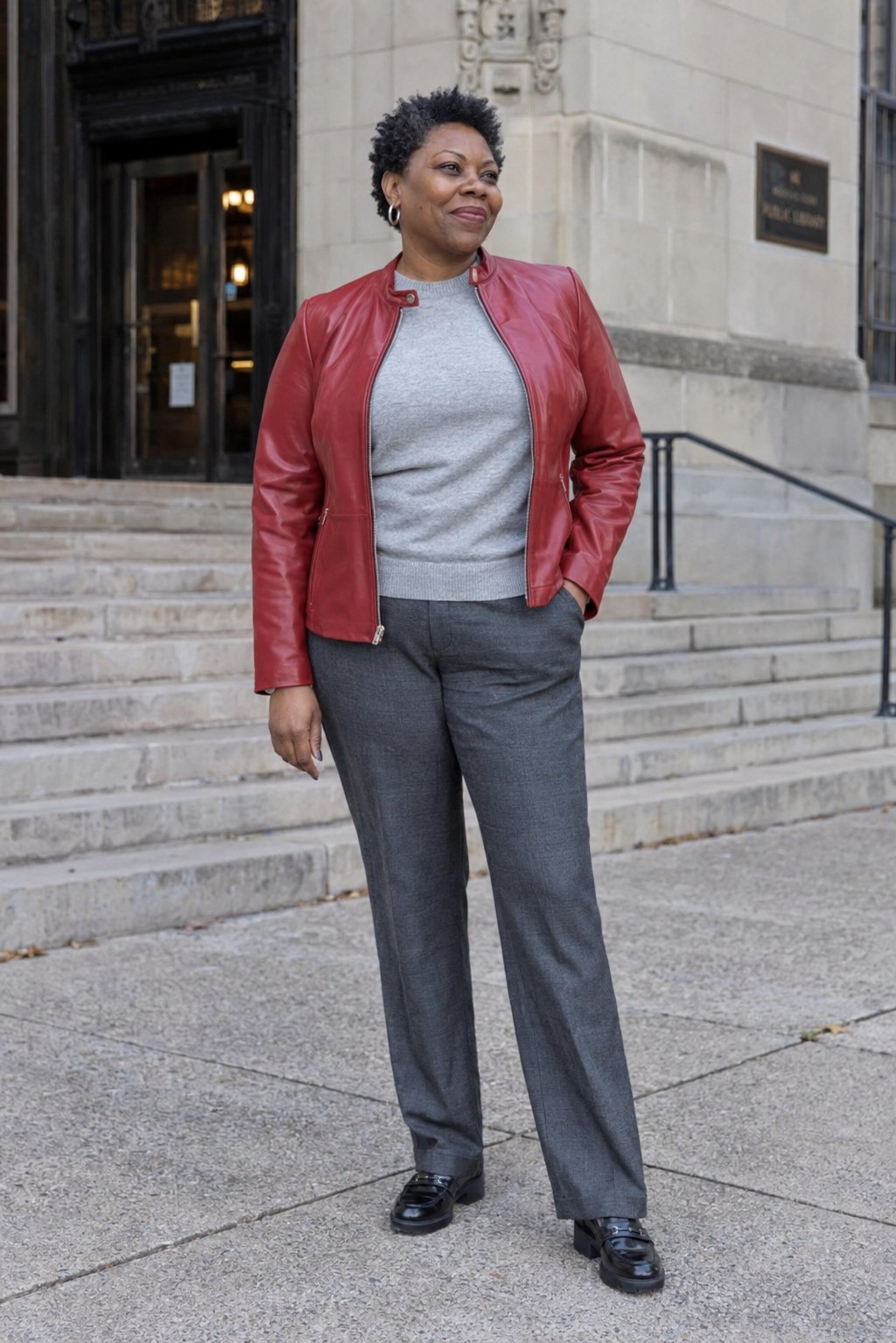 Woman wearing a red leather jacket with a gray knit, charcoal tailored trousers and black loafers.