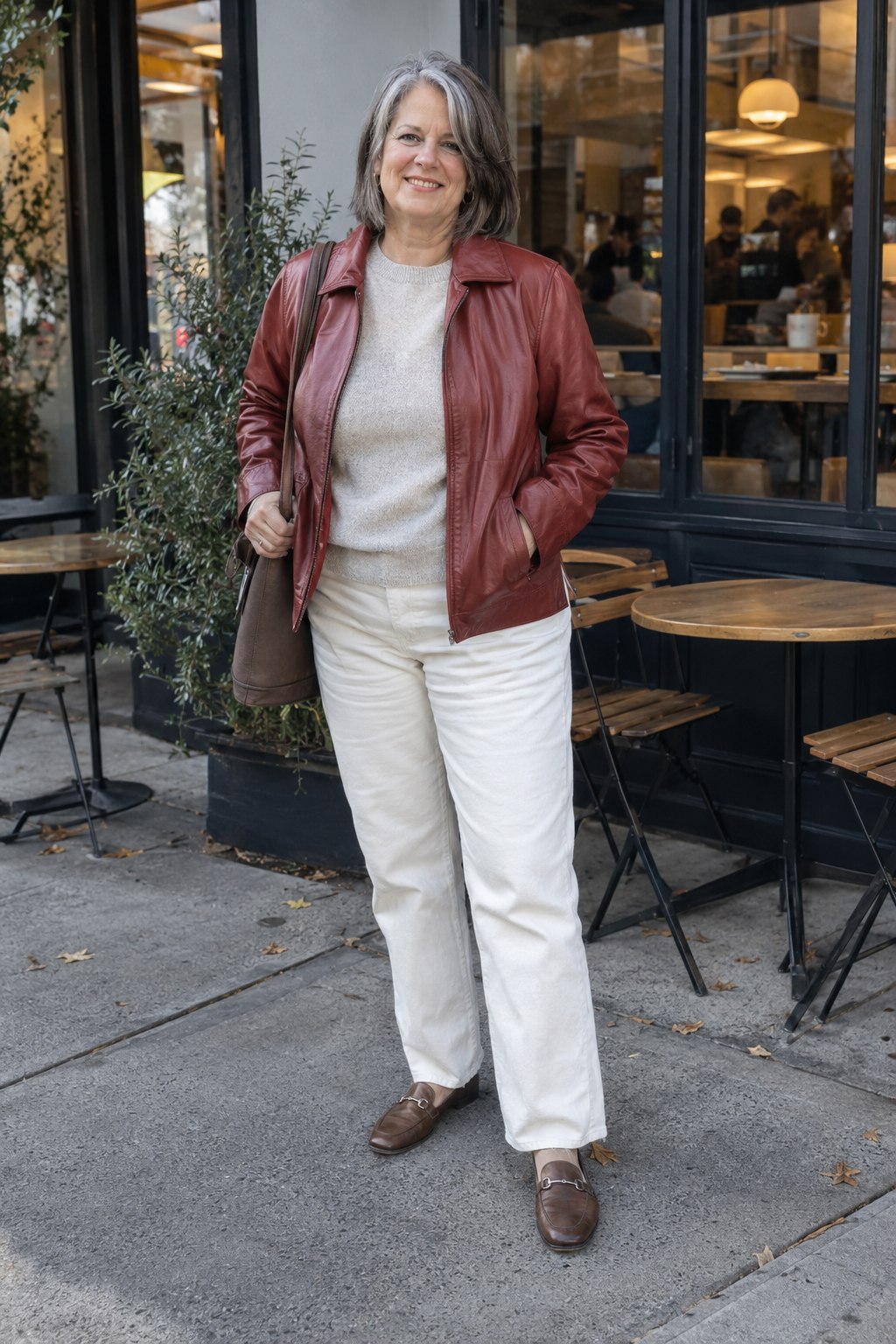 Woman wearing a red leather jacket, oatmeal knit, cream jeans and brown loafers.