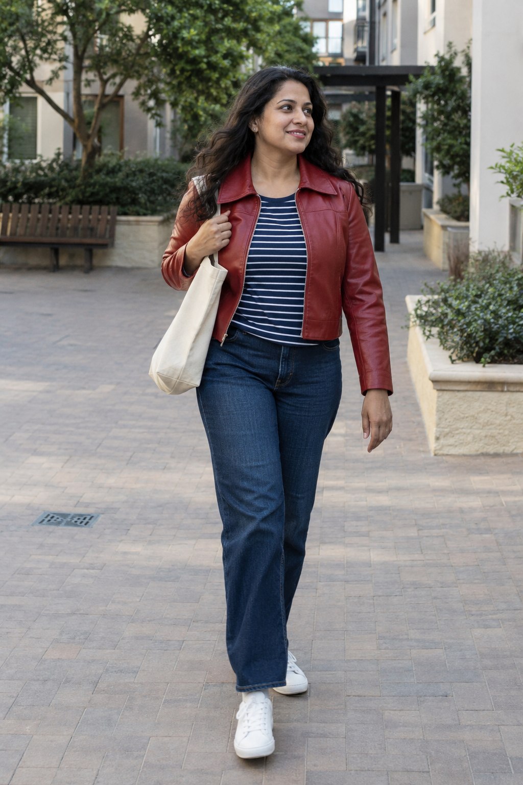 Woman in a red leather jacket, navy-and-white striped top, dark jeans and white sneakers.