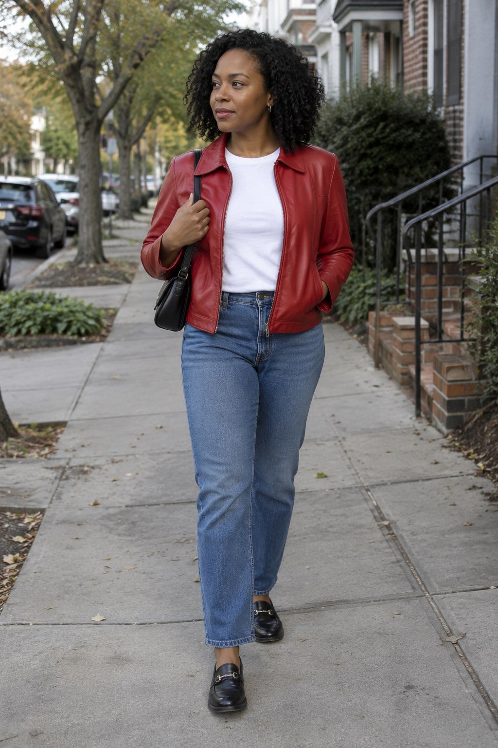 Woman wearing a red leather jacket over a white tee with straight blue jeans and black loafers.