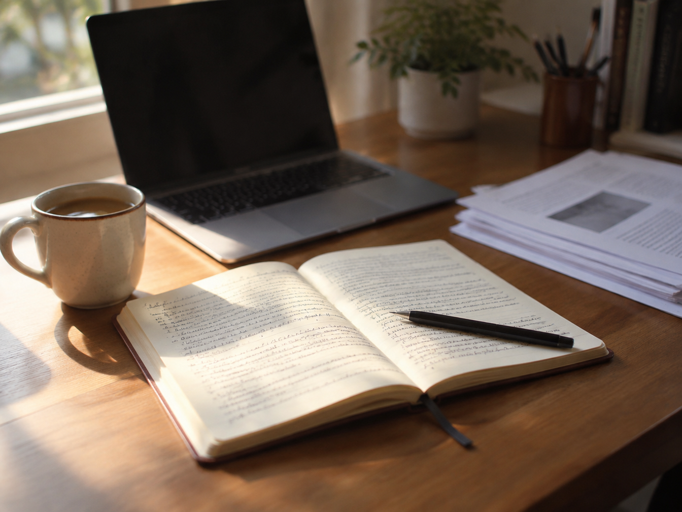 An open notebook, laptop and printed research papers on a desk