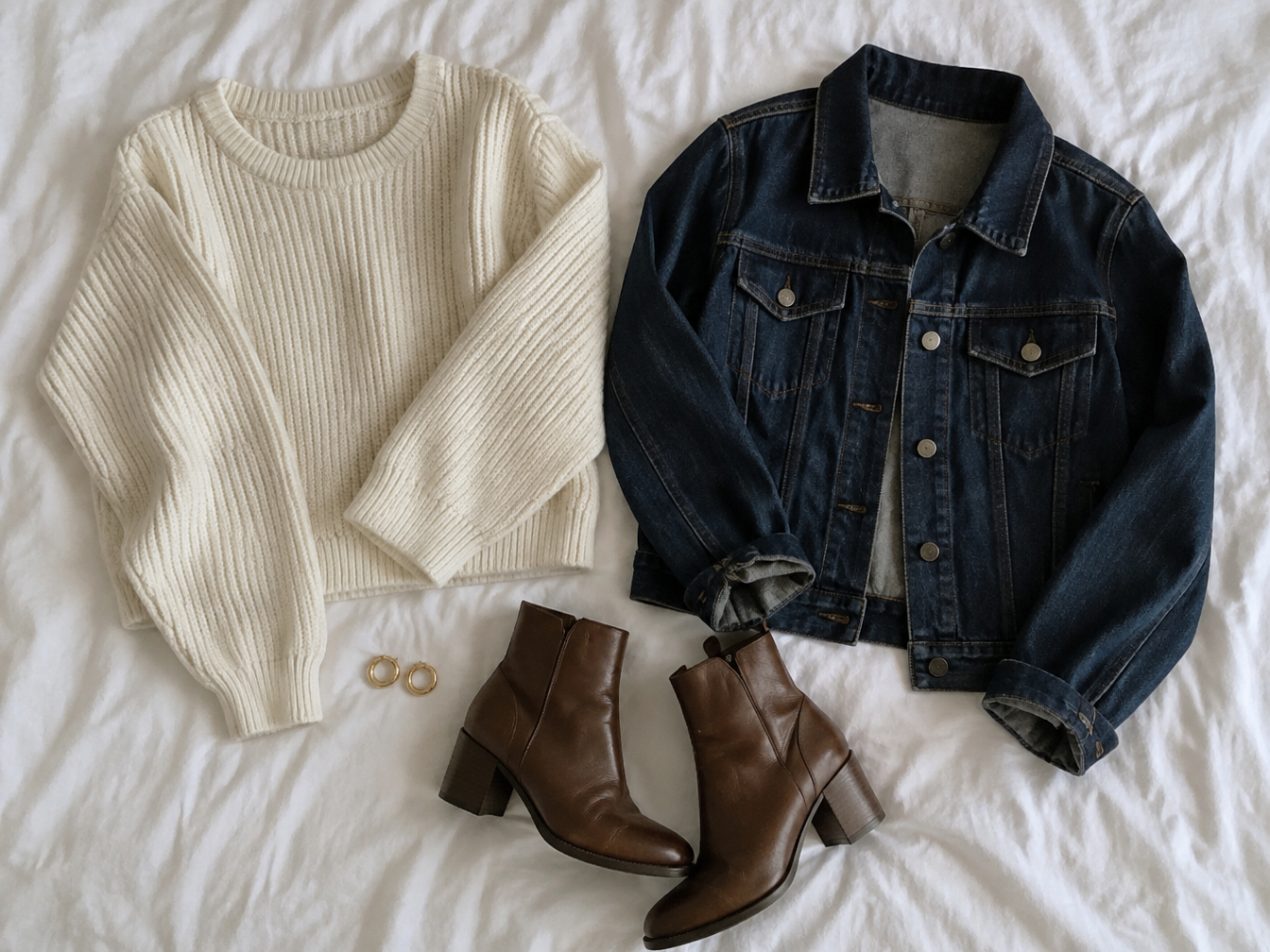 Flat lay of a cream knit sweater, denim jacket, brown boots and gold earrings on a bed