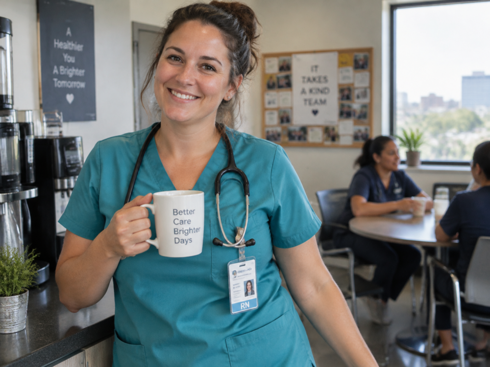 Smiling nurse in teal scrubs holding a coffee in a hospital break room