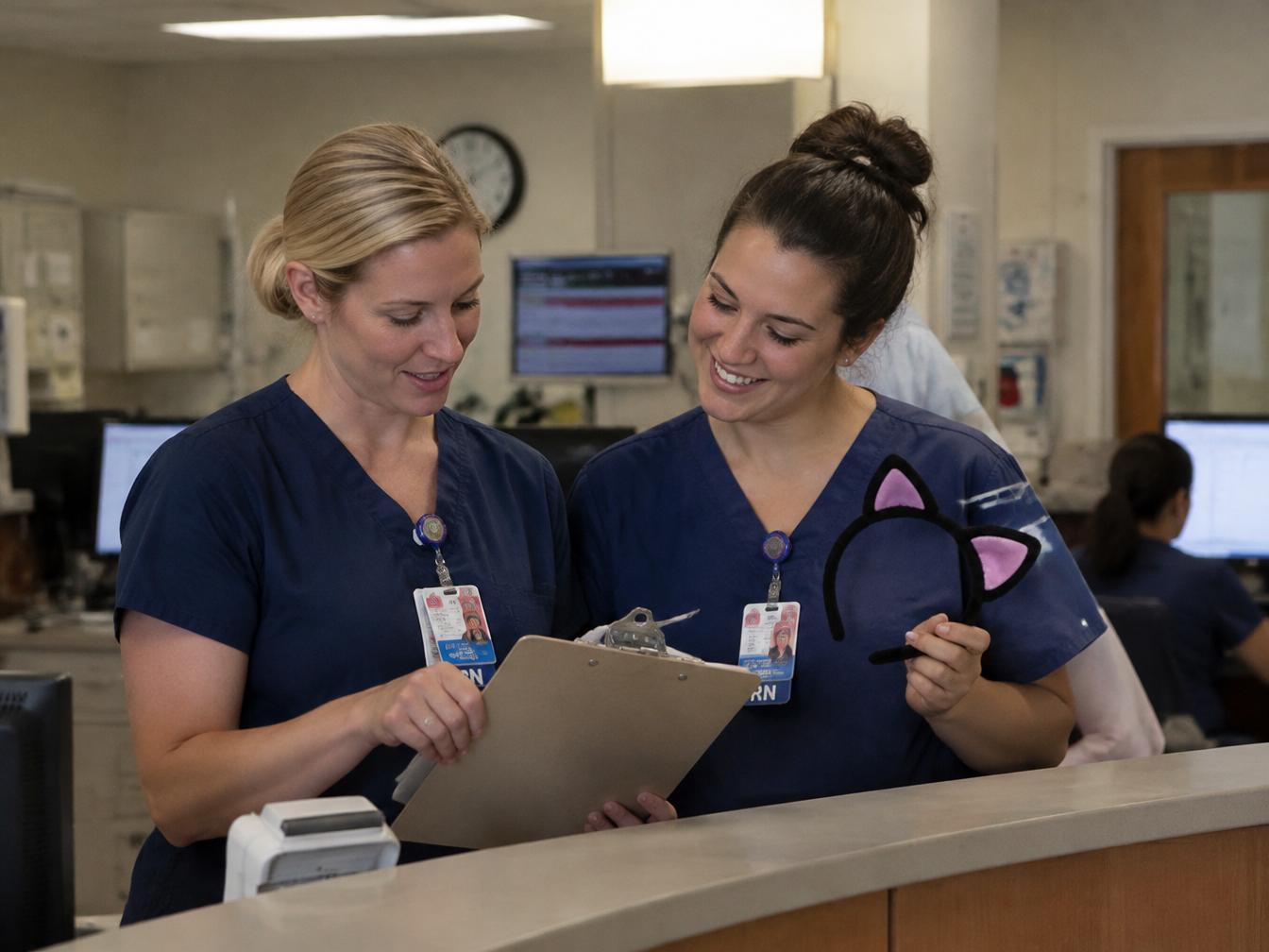 Nurse manager and nurse reviewing a clipboard together at a hospital nurses' station