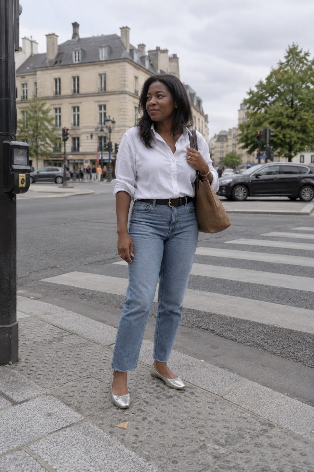 Silver ballet flats with straight-leg jeans and a white shirt.