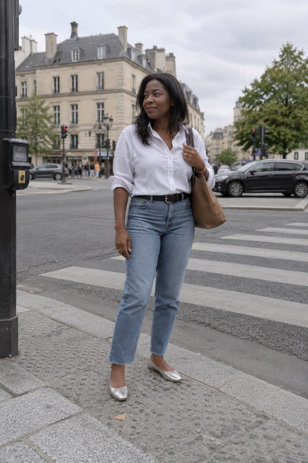 Silver ballet flats with straight-leg jeans and a white shirt.