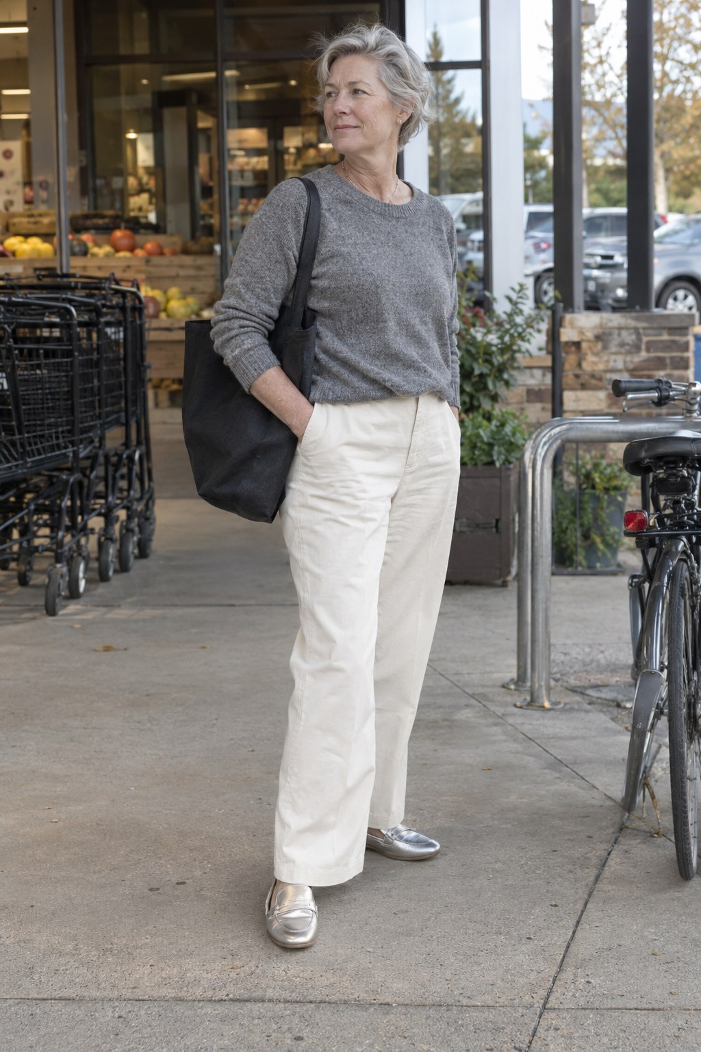 Silver loafers with cream trousers and a gray sweater.