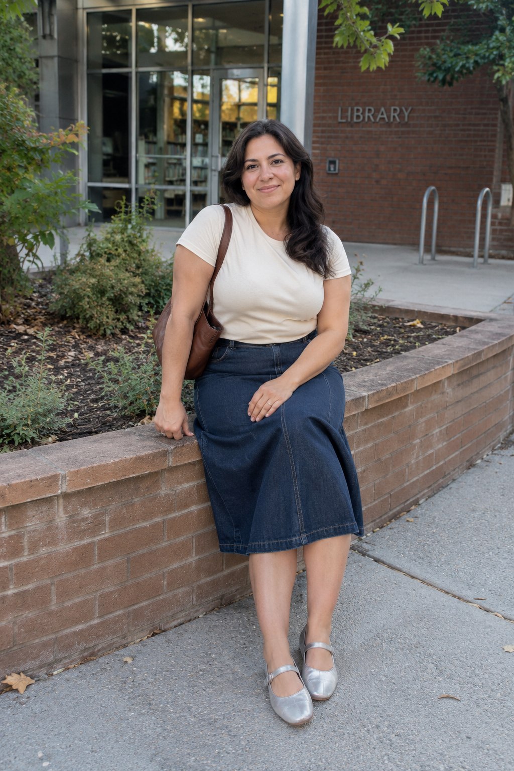 Silver Mary Janes with a denim midi skirt and cream tee.