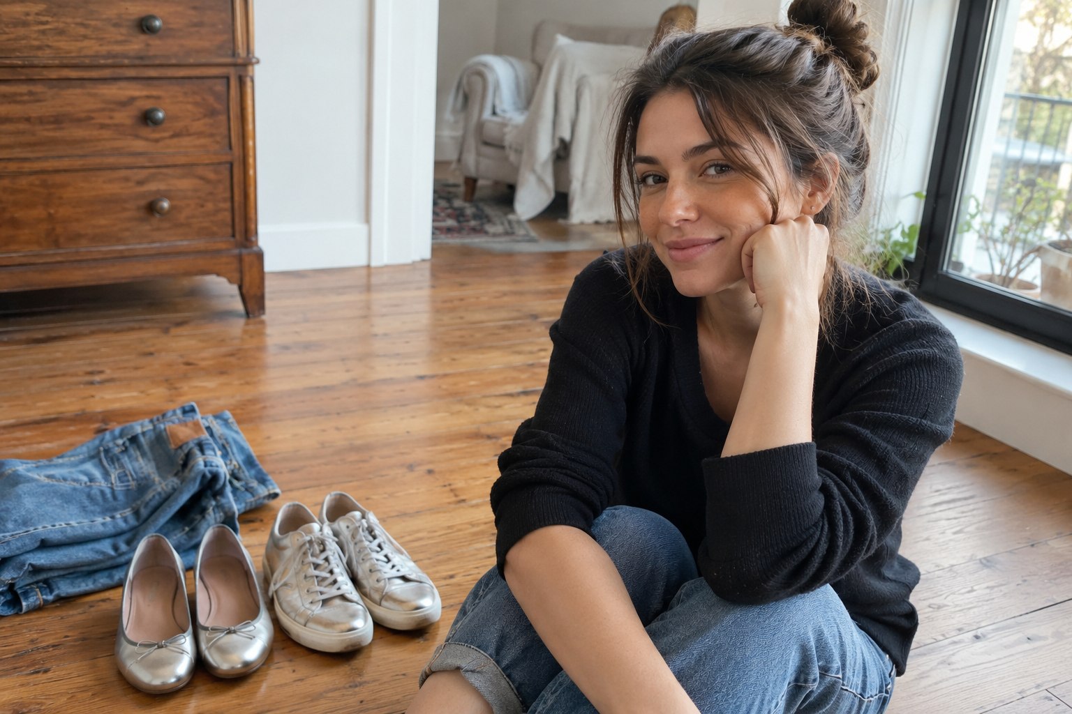 Silver flats and sneakers showing softly reflective finishes beside blue denim.