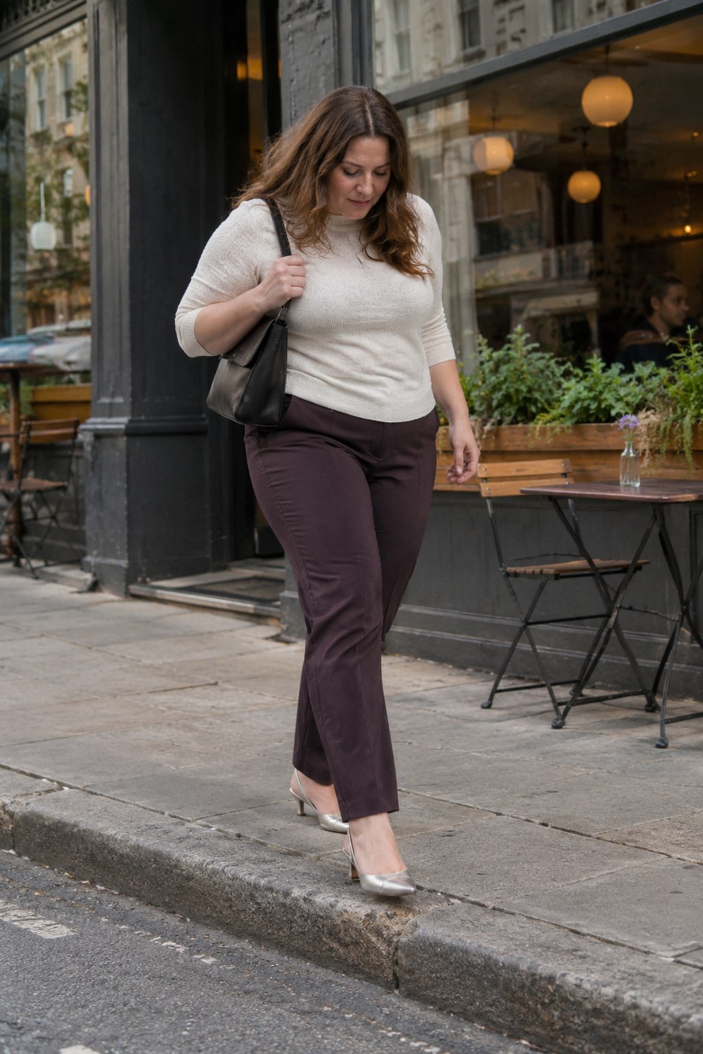 Silver slingbacks with plum trousers and a cream knit.