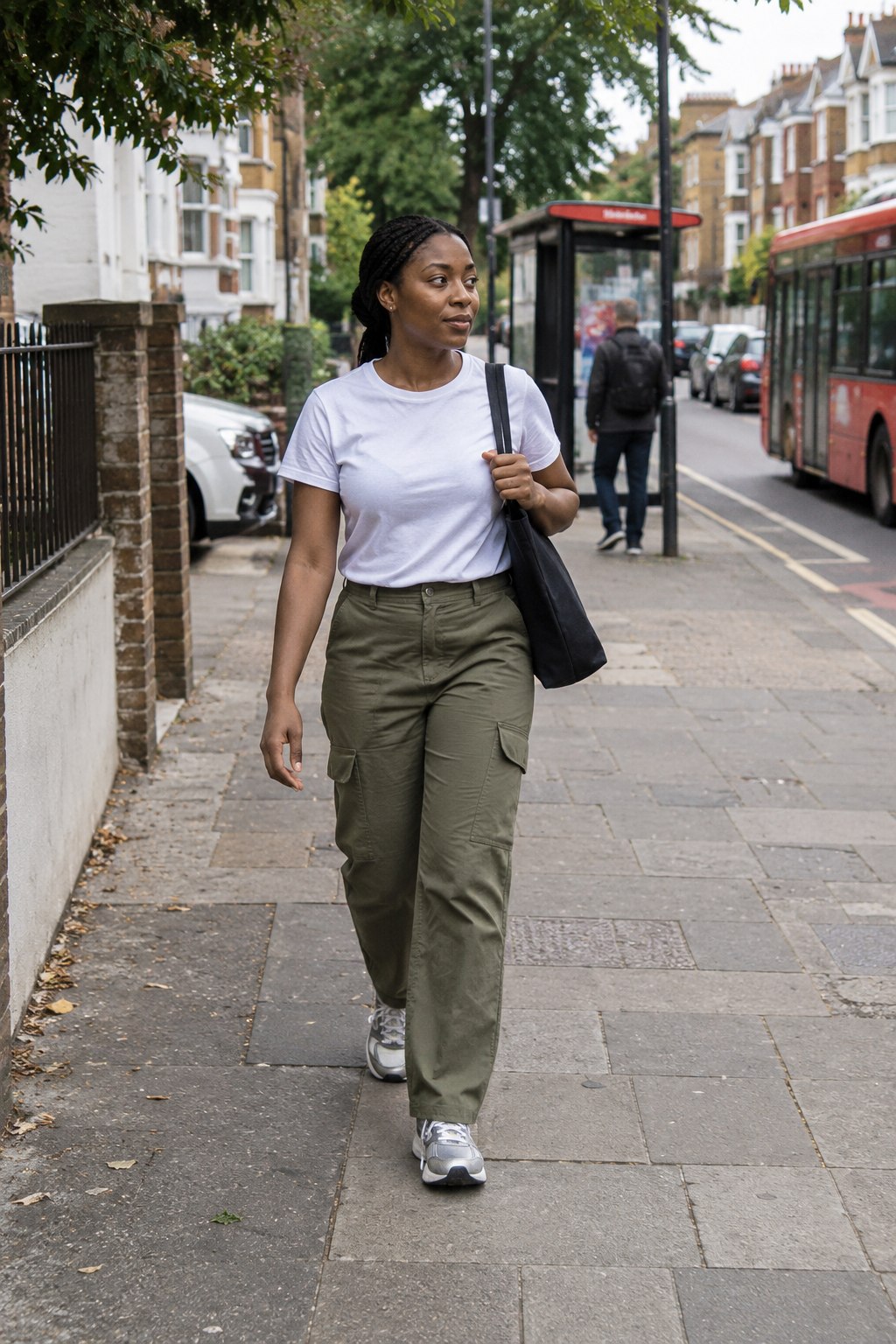 Silver trainers with olive cargo trousers and a white tee.