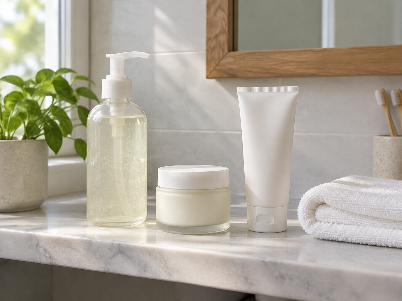 A cleanser, moisturizer and sunscreen on a bathroom shelf