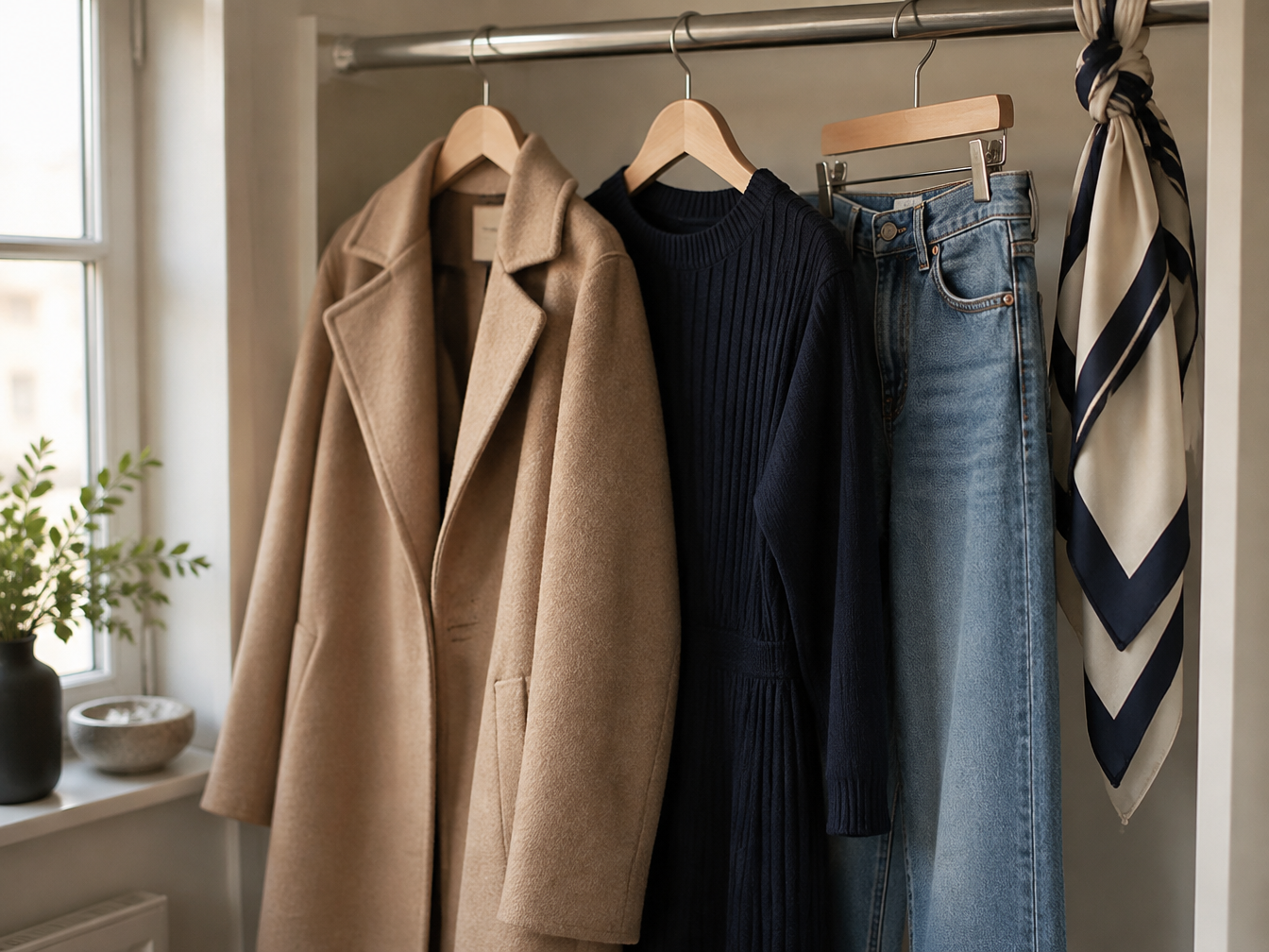A small closet rail with a camel coat, navy dress, jeans and a silk scarf