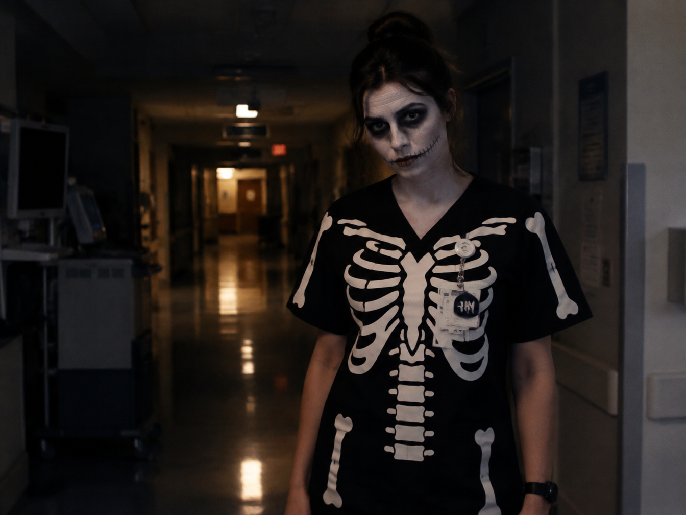 Nurse in black scrubs with white felt skeleton bones and skeleton face paint in a dim hospital corridor