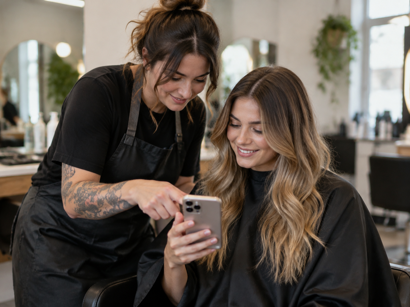 Stylist and young woman looking at inspiration photos on a phone during a salon consultation