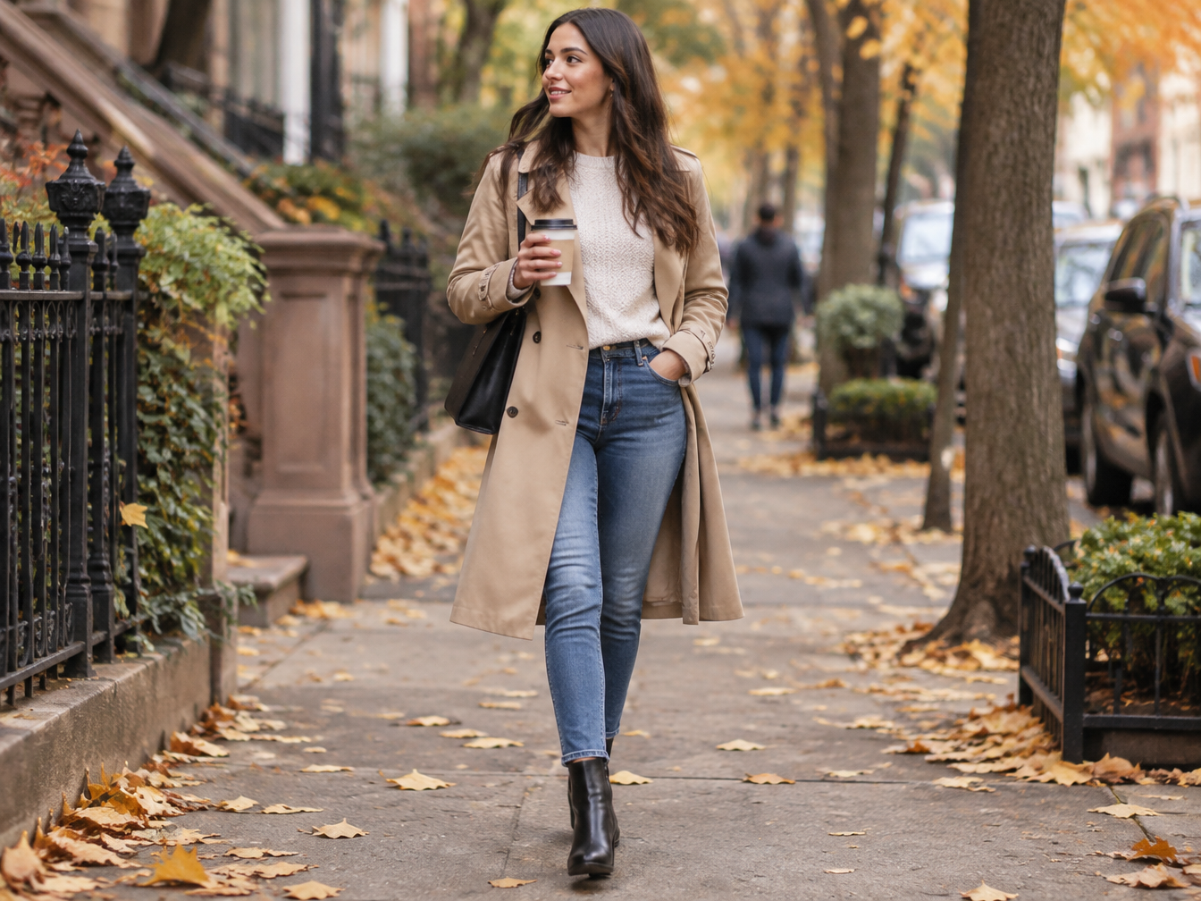 Young woman in a beige trench coat, boots and jeans walking down a city sidewalk holding a coffee