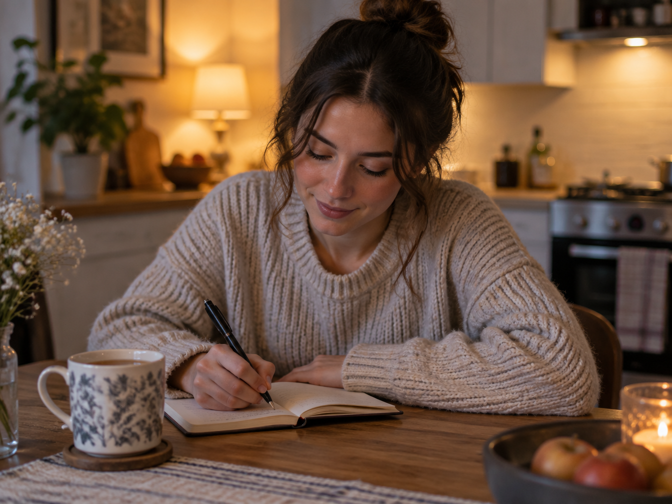 Young woman writing in a small notebook at a kitchen table with a mug of tea