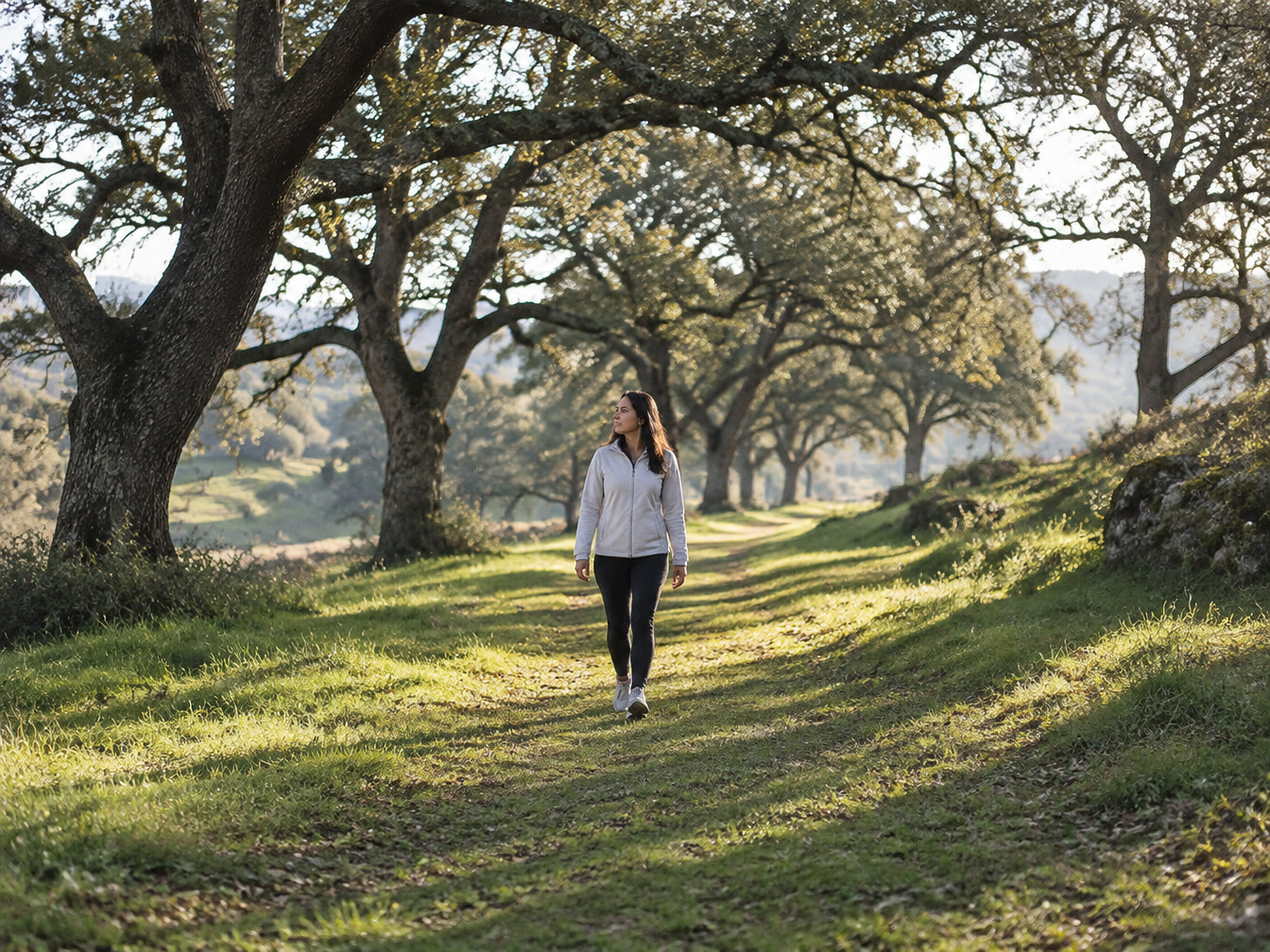Woman walking alone on a grassy path lined with oak trees in soft morning light