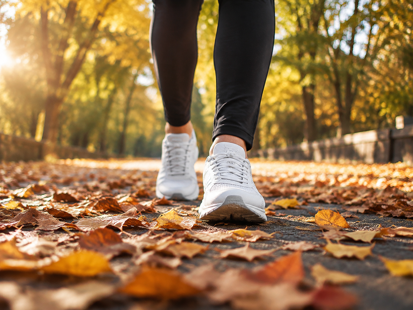 White sneakers walking on a leaf-covered park path in autumn