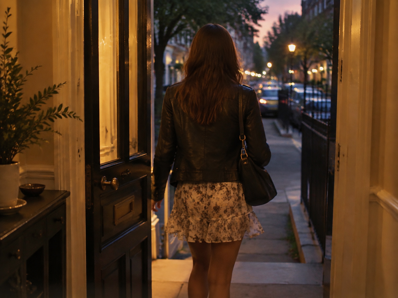 Woman in a dress and jacket walking out her front door at dusk