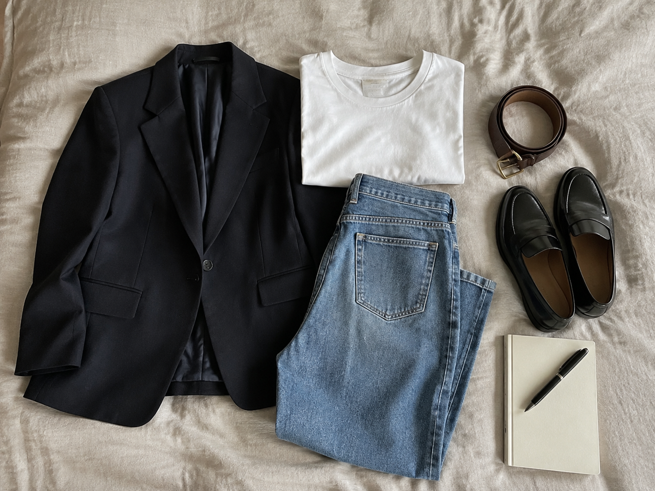 A flat lay of a blazer, white tee, jeans, belt and loafers with a notebook