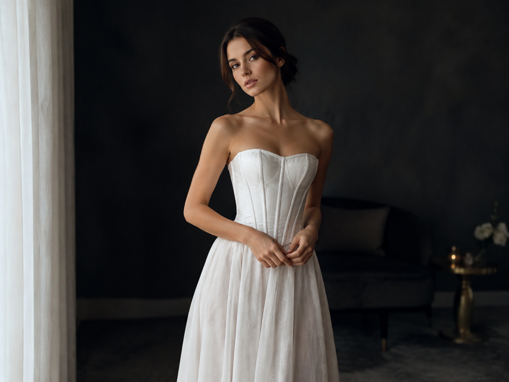 Woman in a structured white satin corset top over a long pale skirt against a dark moody backdrop
