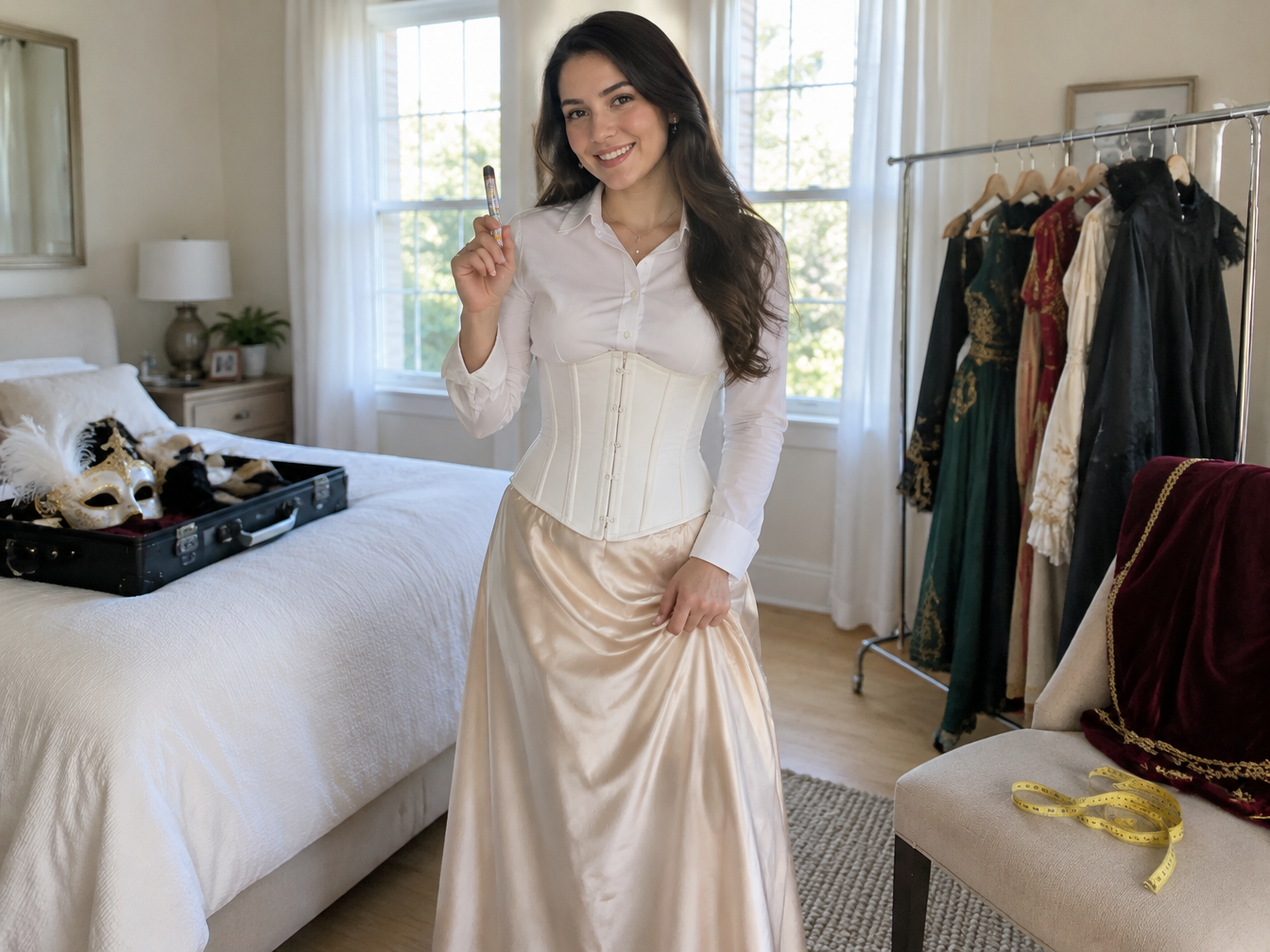 Woman in a white shirt and corset belt holding a stain remover pen next to a costume rack and tape measure