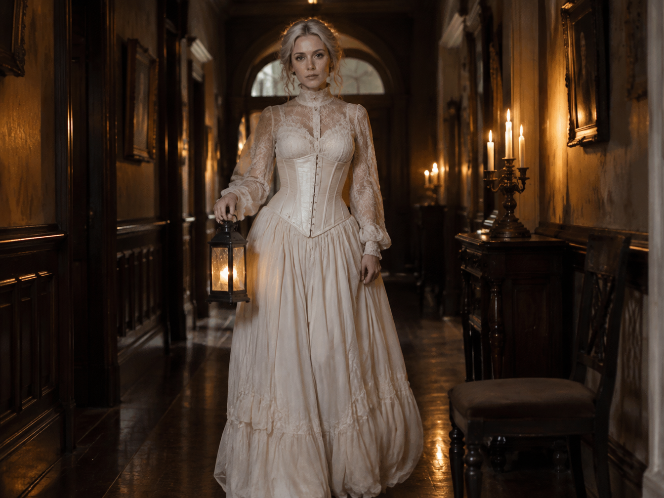 Woman in a Victorian ghost costume with lace blouse, white corset belt and long cream skirt holding a lantern