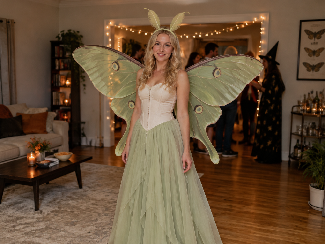 Woman in a luna moth costume with a white top, pale green tulle skirt and sheer green wings