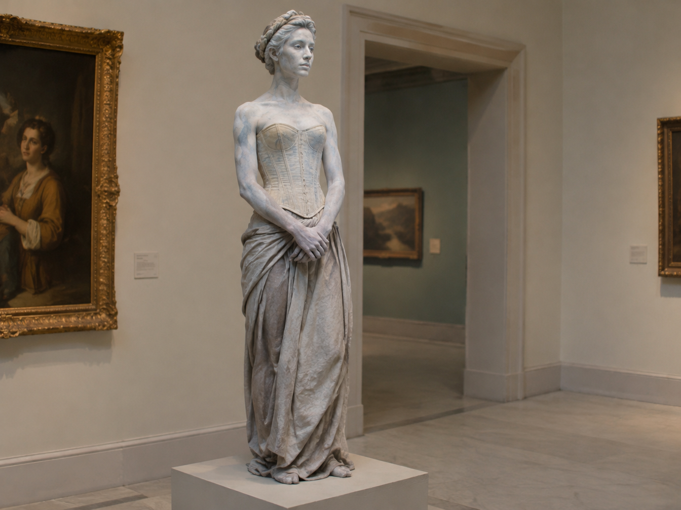 Woman dressed as a living marble statue in a white corset and pale gray skirt on a museum pedestal
