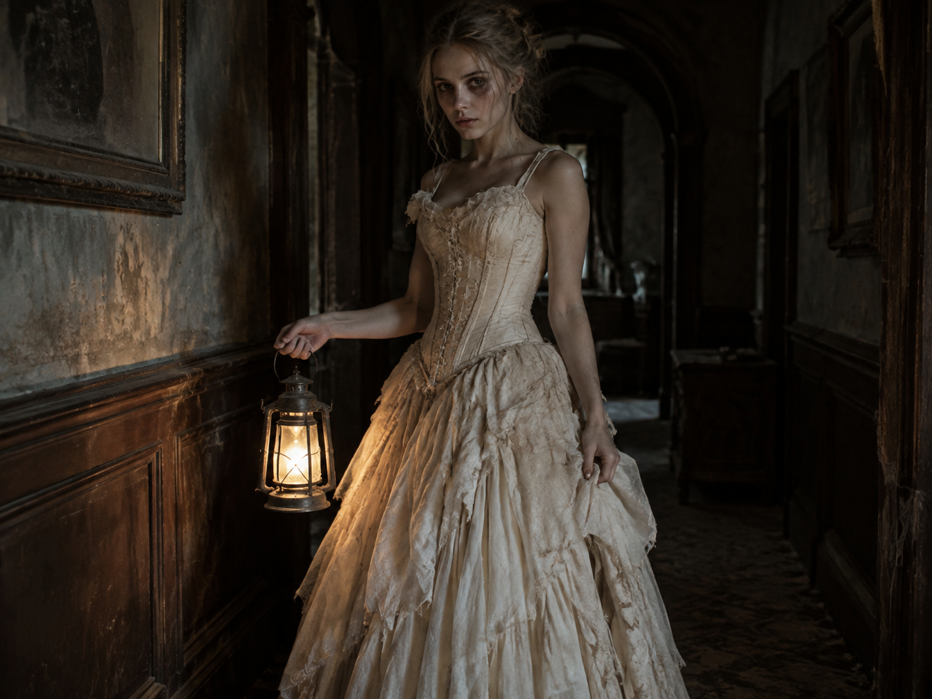 Woman in a white corset and aged cream skirt as a Victorian ghost holding a lantern in a dim hallway