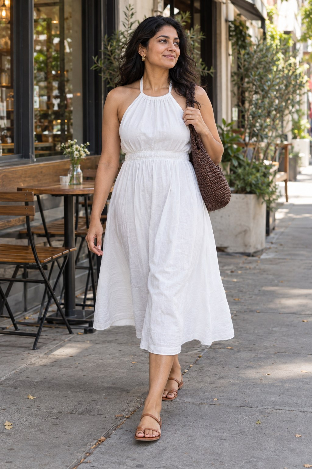 White halter midi dress with tan sandals and a brown woven bag outside a cafe